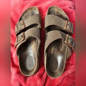 Birkenstock Arizona Brown Suede Sandals 38 Women 7.5 Two Strap Copper Buckles